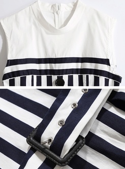 Fashion Striped Sleeveless Belted Pocket Dress