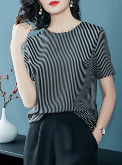 Casual Silk Striped Short Sleeve Top