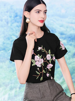 Flower Embroidery Round Neck T-Shirt