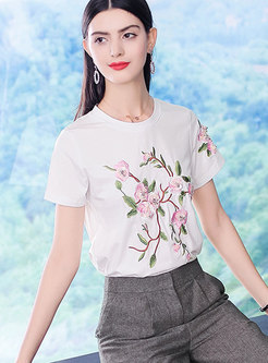 Flower Embroidery Round Neck T-Shirt