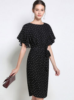 Black Street Elegant Dot Print Waist Dress