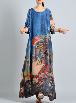 Blue Silk Print Asymmetric Maxi Dress