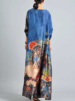 Blue Silk Print Asymmetric Maxi Dress