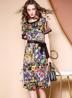 Multicolor Floral Print Belted Skater Dress