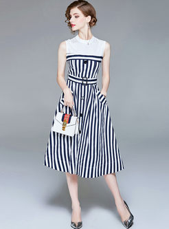 Fashion Striped Sleeveless Belted Pocket Dress