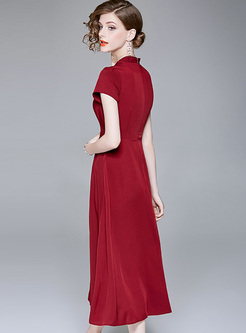 Wine Red Waisted Pleated Dress