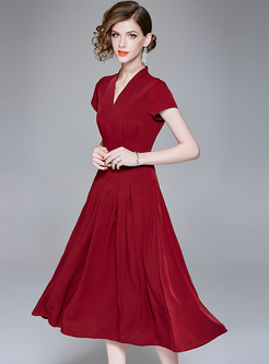 Wine Red Waisted Pleated Dress