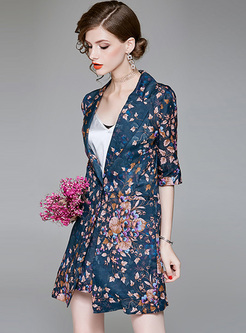 Deep Blue Floral Print Coat & Casual Shorts