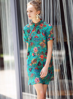 Retro Mandarin Collar Print Silk Shift Dress