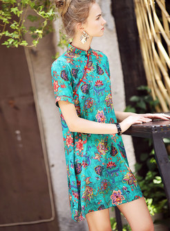 Retro Mandarin Collar Print Silk Shift Dress