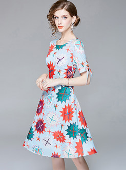 Brief Color-Blocked Gathered Waist A Line Dress