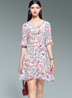 Floral Print V-Neck Slim Silk Dress