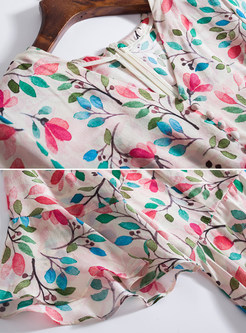 Floral Print V-Neck Slim Silk Dress
