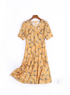 Yellow Waist V-Neck Falbala Dress