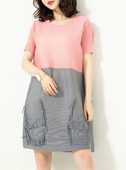 Pink Round Neck Color Matching Fringed Shift Dress