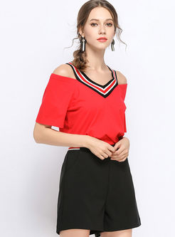 Red V-neck Off The Shoulder All-match Knitted Top