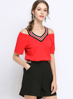 Red V-neck Off The Shoulder All-match Knitted Top