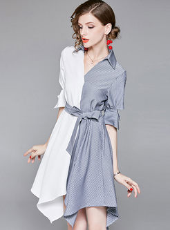 Stylish Asymmetric Stitching Belted Shirt Dress