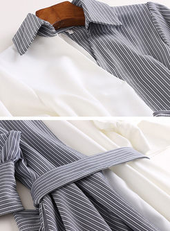 Stylish Asymmetric Stitching Belted Shirt Dress