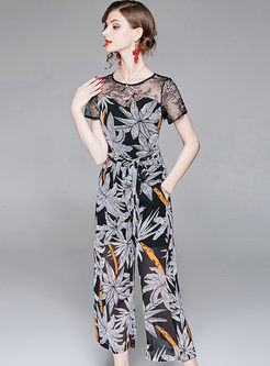 Lace See Through Tied Print Wide Leg Jumpsuit