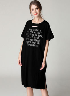 Black Letter Print Loose Cotton T-shirt Dress