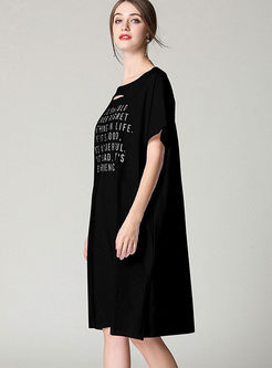 Black Letter Print Loose Cotton T-shirt Dress