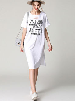 White Letter Print Loose Cotton T-shirt Dress