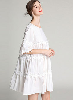 White Lace Stitching Loose Babydoll Dress