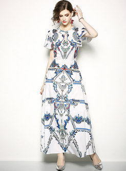 Ethnic Print Ruffle Sleeve Maxi Dress