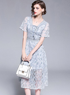 Elegant V-neck Lacing Lace Bridesmaid Dress