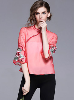 Red Stand Collar Embroidery Top