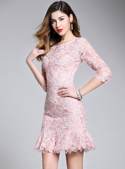 Pink Mesh Perspective Embroidered Mermaid Dress