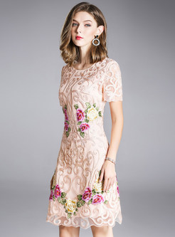 Apricot Lace Splicing Embroidered A-line Dress