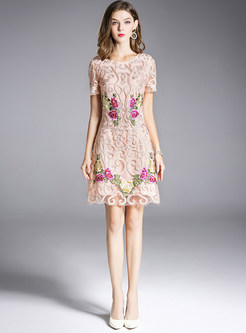 Apricot Lace Splicing Embroidered A-line Dress