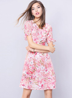 Pink Silk Flower Print A Line Dress
