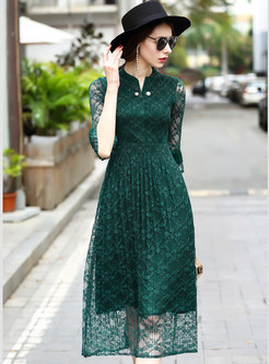 Green Lace Three-quarter Sleeve Skater Dress