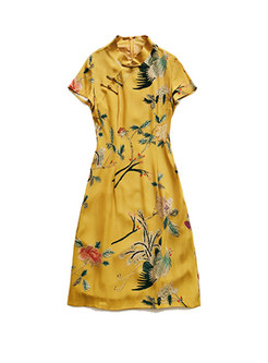 Yellow Elegant Silk Stand Collar Shift Dress