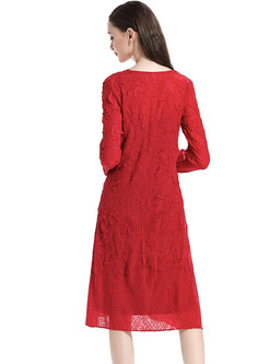 Red Ruffle Long Sleeve Loose Shift Dress