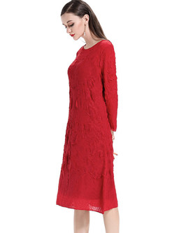 Red Ruffle Long Sleeve Loose Shift Dress
