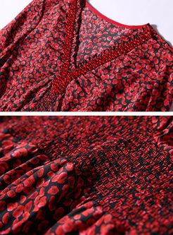 Red Nail Bead Print V-neck A Line Dress