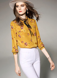 Yellow Floral Print Long Sleeve Tied Blouse