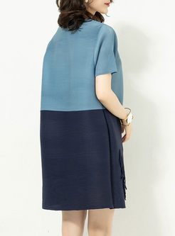 Blue Round Neck Color Matching Fringed Shift Dress