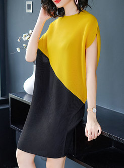 Hit Color Batwing Sleeve Asymmetric Dress