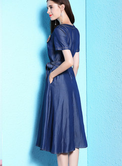 Blue Belted Patchwork Denim Dress