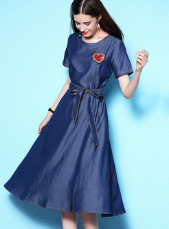 Blue Belted Patchwork Denim Dress