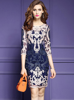 Vintage Embroidered O-neck Three Quarters Sleeve Bodycon Dress