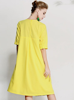Yellow Flower Embroidery Shift Dress