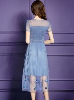 Vintage Blue Splicing Short Sleeve Dress