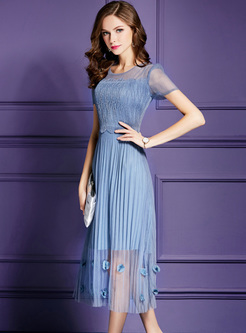 Vintage Blue Splicing Short Sleeve Dress