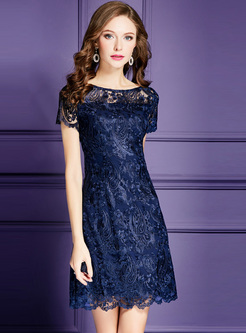 Blue Hollow Out Waist Lace Dress